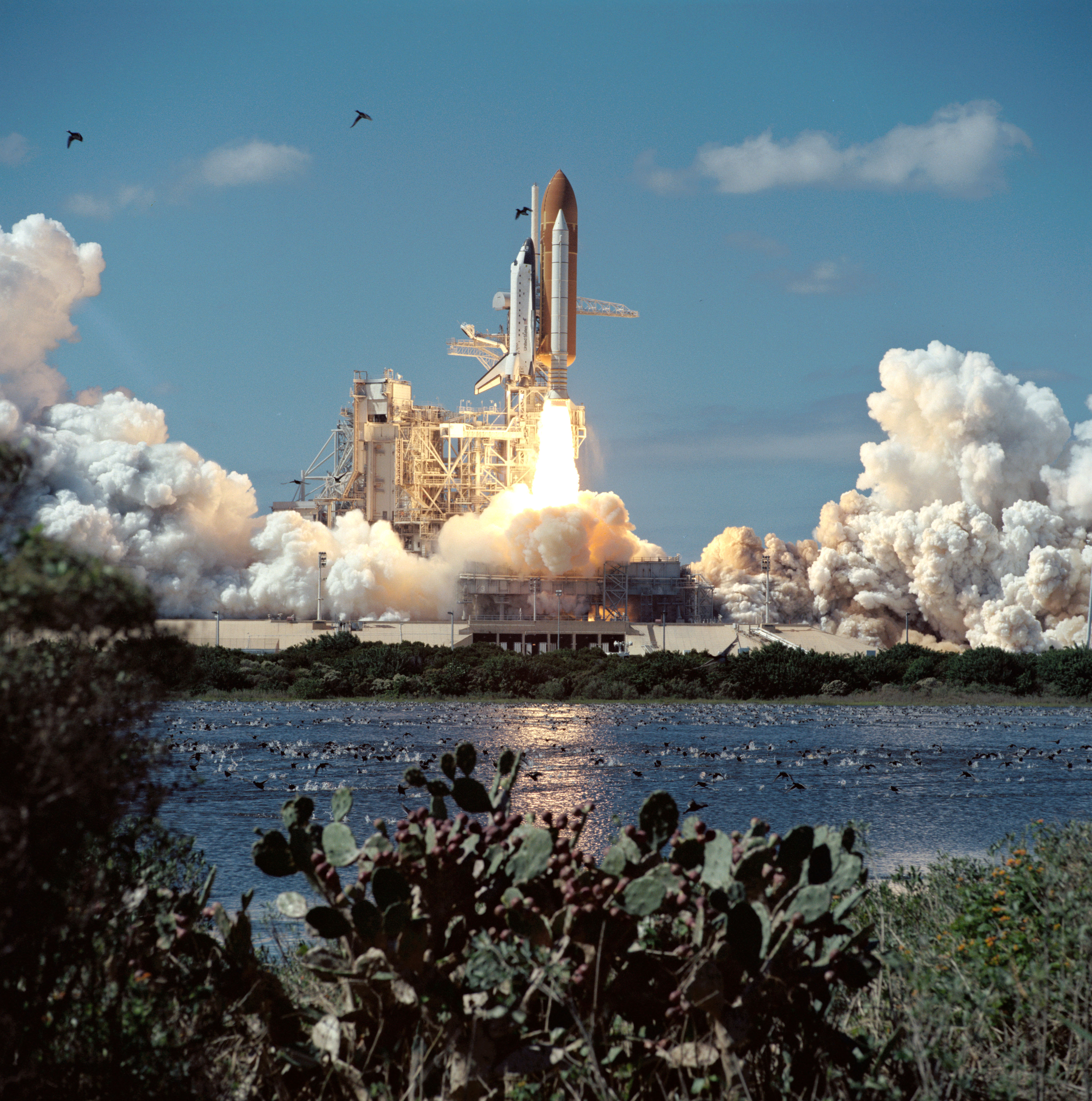 A white space shuttle lifts off from the launch pad. Clouds of white vapor spread along the ground and rise upward on either side of the shuttle. Flames shoot out from the rocket. In the foreground are a body of water and green plants.