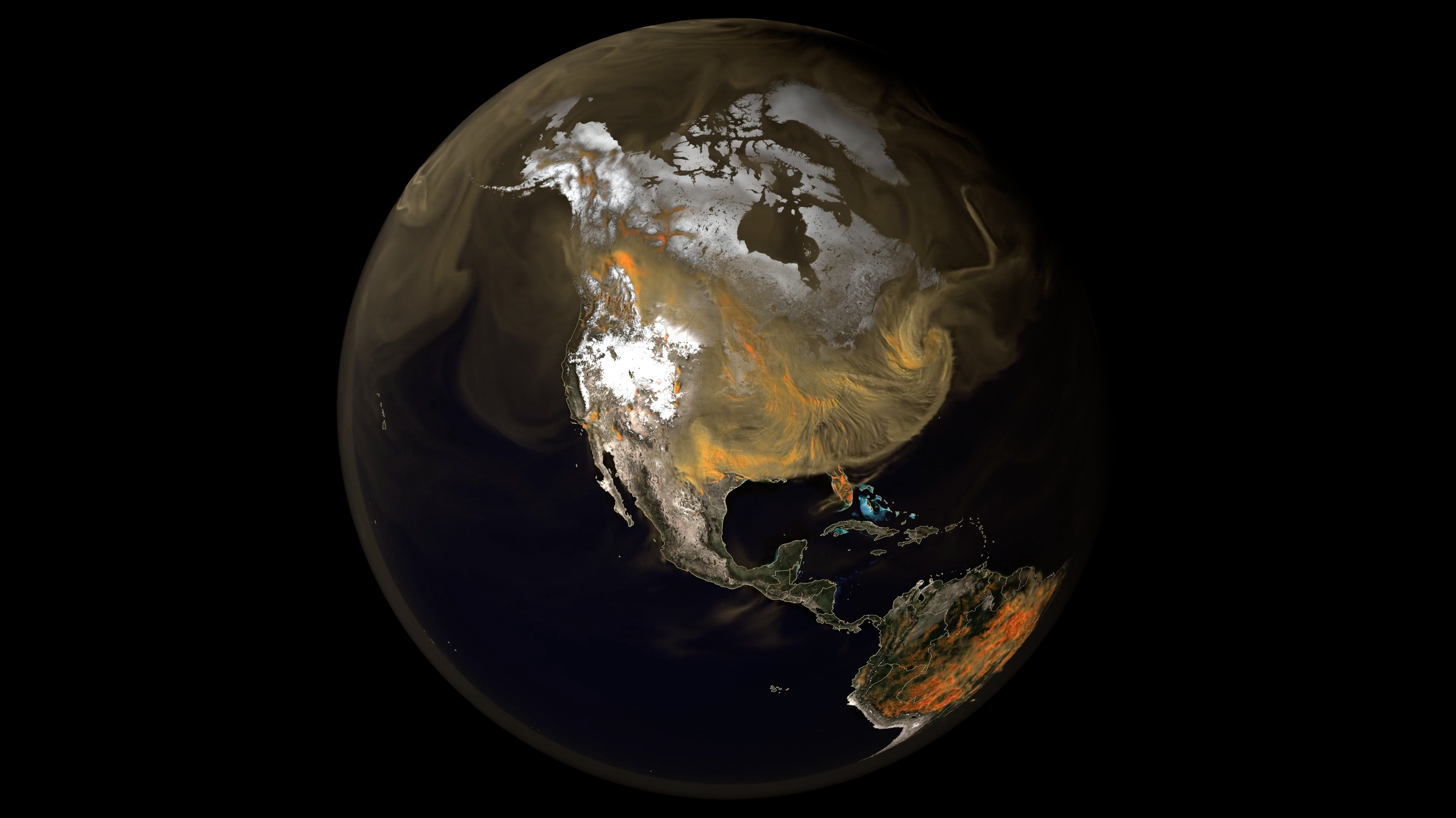 Still image from visualization of global carbon dioxide emissions forming and circling the planet