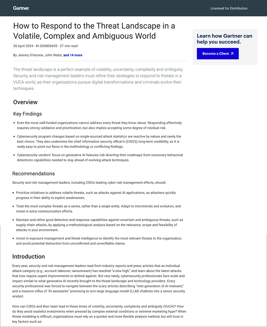 Gartner® Report: How to Respond to the Threat Landscape in a Volatile, Complex and Ambiguous World