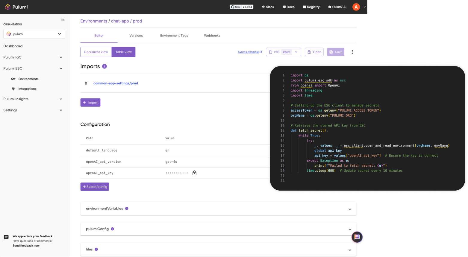 screenshot of Pulumi ESC management console