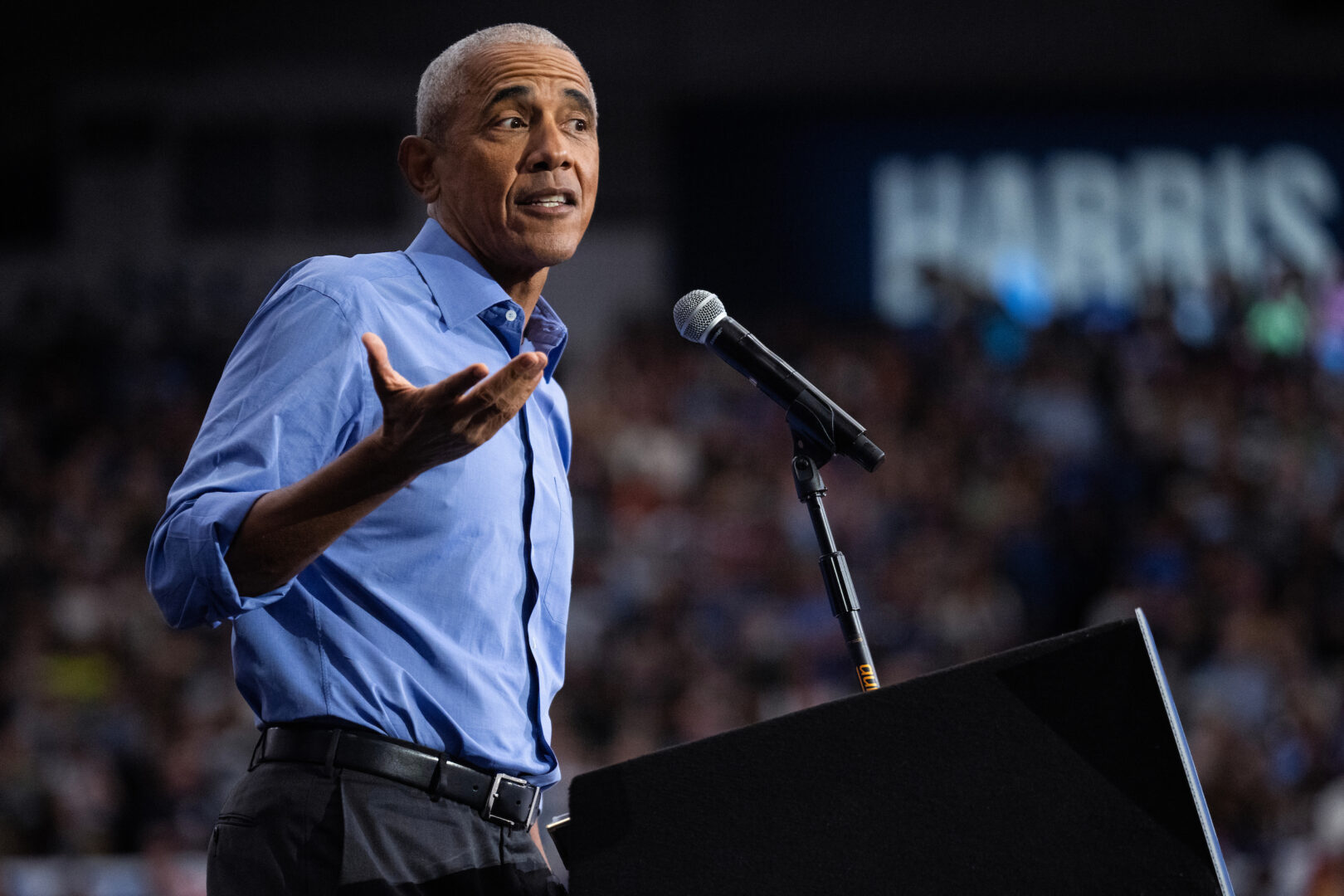 Former President Barack Obama speaks at a campaign rally for Kamala Harris in Pittsburgh on Oct. 10.