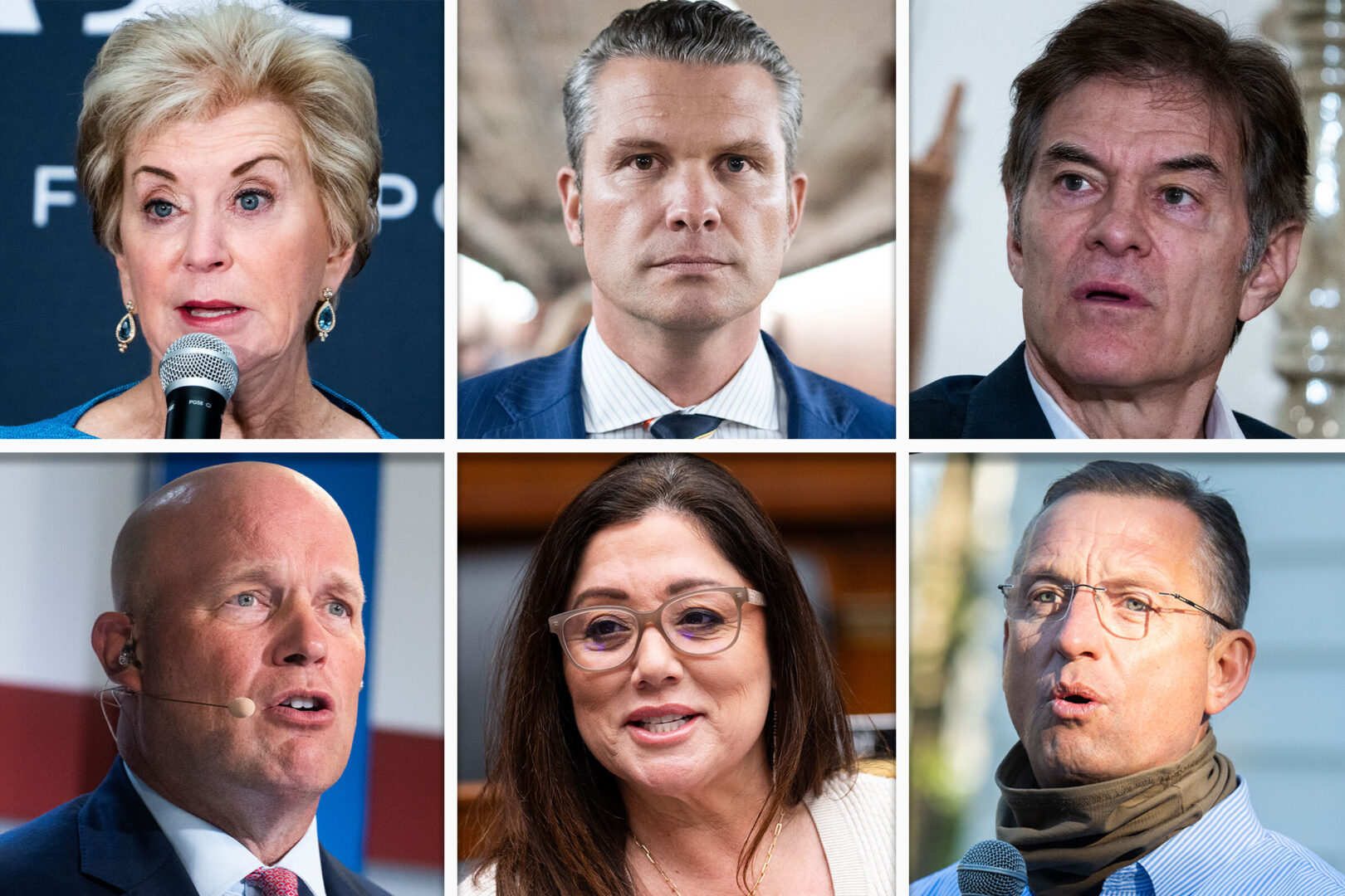 Clockwise from top: Linda McMahon, Pete Hegseth, Mehmet Oz, Doug Collins, Lori Chavez-DeRemer and Matthew Whitaker (Tom Williams and Bill Clark/CQ Roll Call file photos)