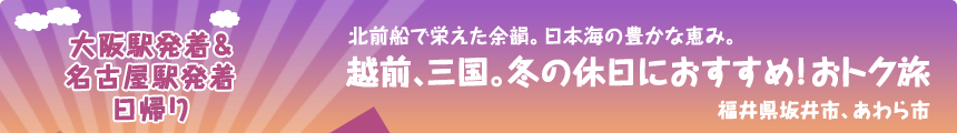 大阪駅発着＆名古屋駅発着／日帰り 北前船で栄えた余韻。日本海の豊かな恵み。 越前、三国。冬の休日におすすめ！おトク旅 福井県坂井市、あわら市