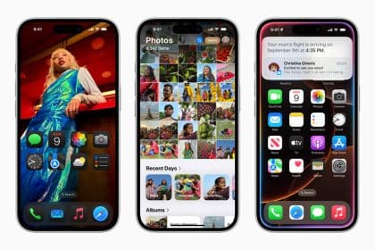 Three iPhones displaying iOS 18 interface.