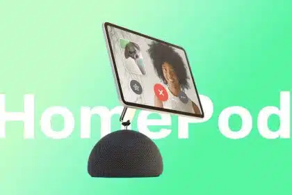 A HomePod device with a screen displaying a video call.