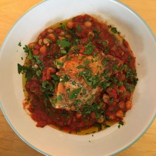 Chicken with chickpeas and chorizo.