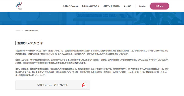 全銀ネットのサイトには、「1973年の稼動開始以来、運用時間中にオンライン取引を停止したことがない安全性・信頼性」と表記されている