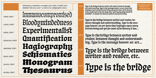 Card displaying Schmaltzy typeface in various styles