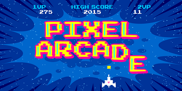 Card displaying CC Pixel Arcade typeface in various styles