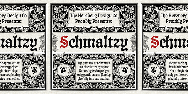 Card displaying Schmaltzy typeface in various styles