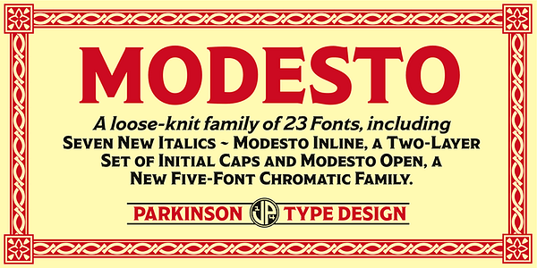 Card displaying Modesto typeface in various styles