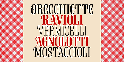 Card displaying Rigatoni typeface in various styles