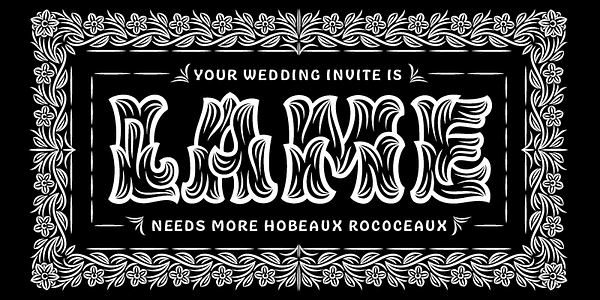 Card displaying Hobeaux Rococeaux typeface in various styles