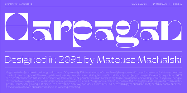 Card displaying Harpagan typeface in various styles