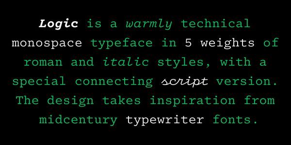 Card displaying Logic Monospace typeface in various styles