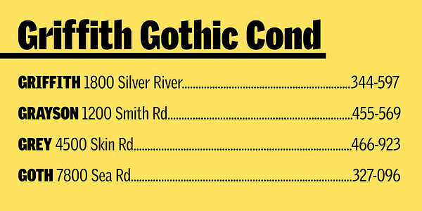 Card displaying Griffith Gothic Condensed typeface in various styles