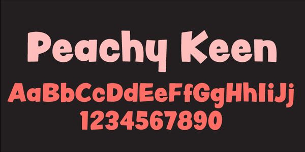 Card displaying Peachy Keen JF typeface in various styles