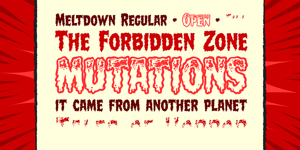 Card displaying CC Meltdown typeface in various styles