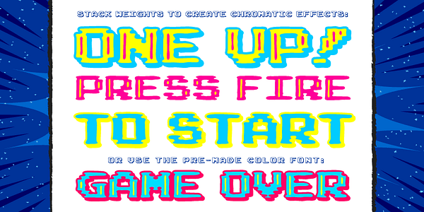 Card displaying CC Pixel Arcade typeface in various styles