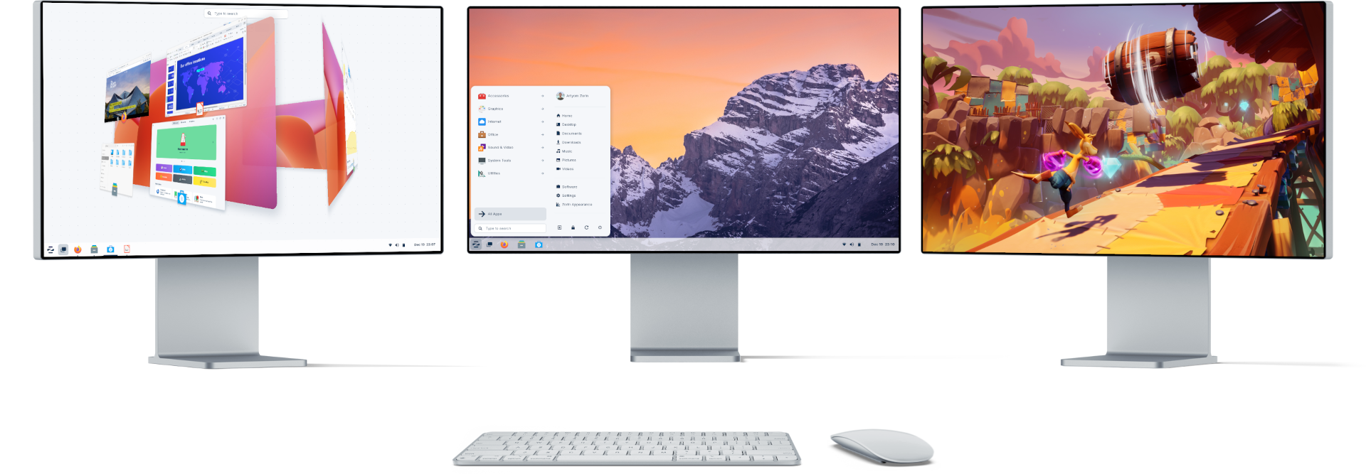 3 monitors displaying Zorin OS