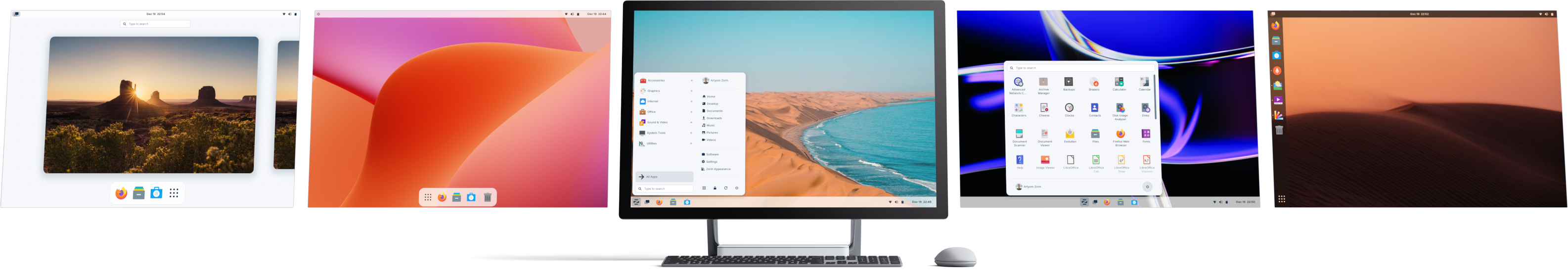 Computer displaying 5 desktop layouts