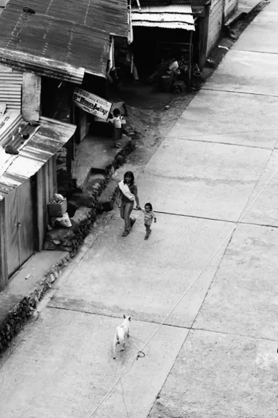 Mother, daughter, and dog walking at leisure