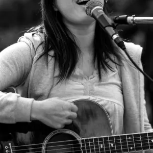 woman singing cheerfully