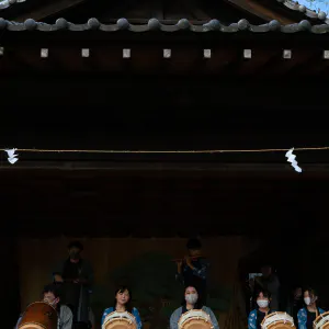 People playing festival music at Kaguraden in Ooi Kashima shrine