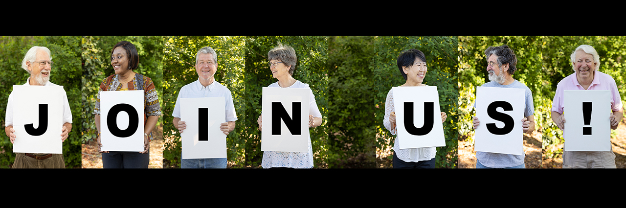 Individual OLLI members holding cards that spell out 'Join Us'