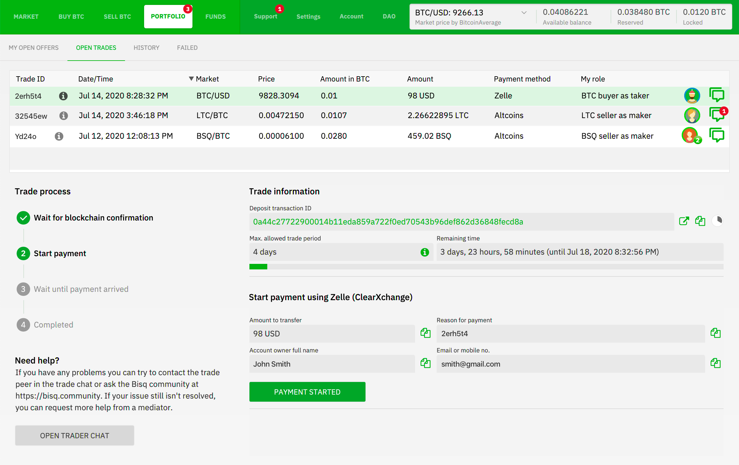 Open Trades view inside Bisq