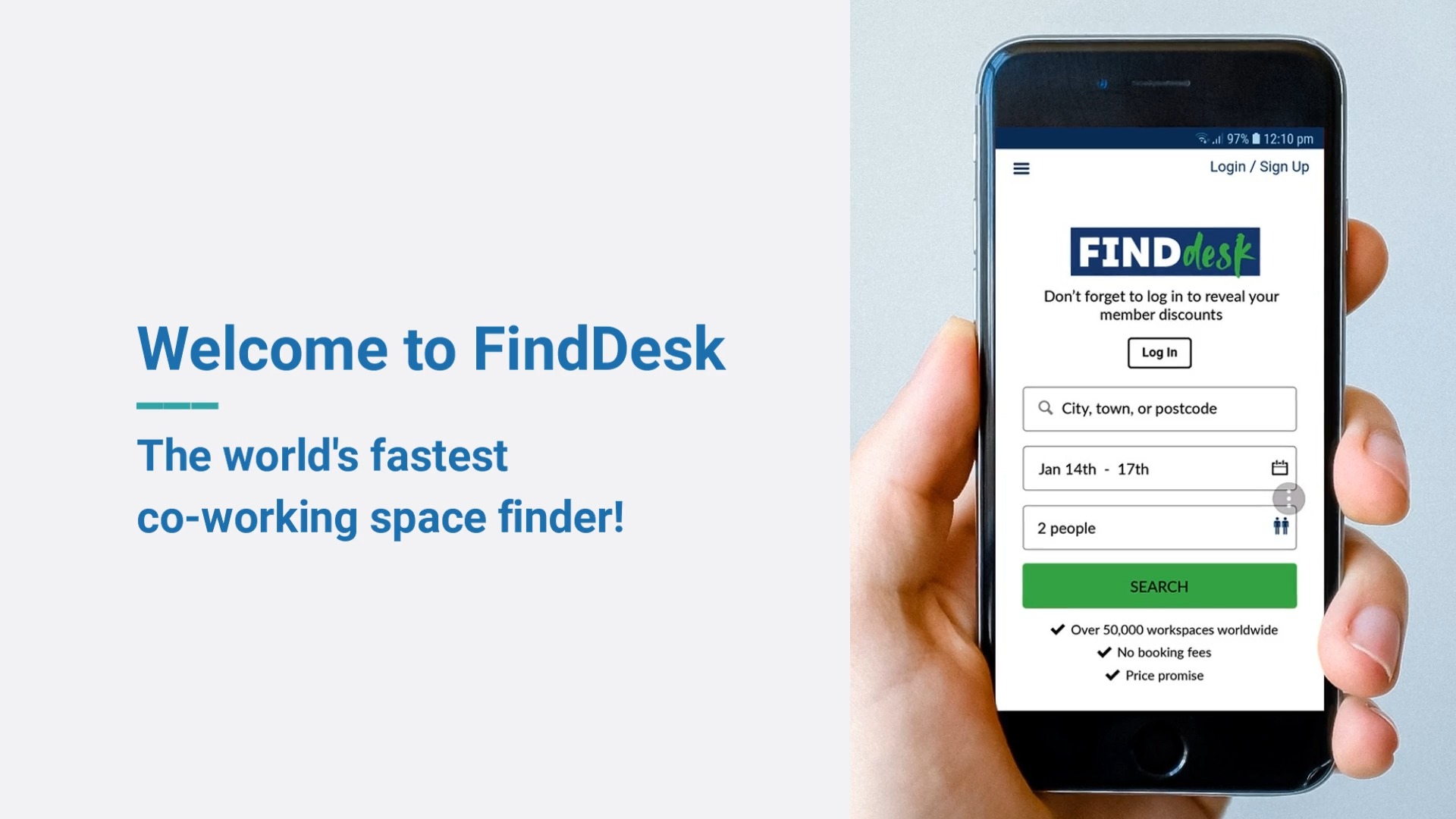 Hand holding a smartphone displaying the "finddesk" app homepage, with text advertising it as the world's fastest co-working space finder and featuring a Biteable video.