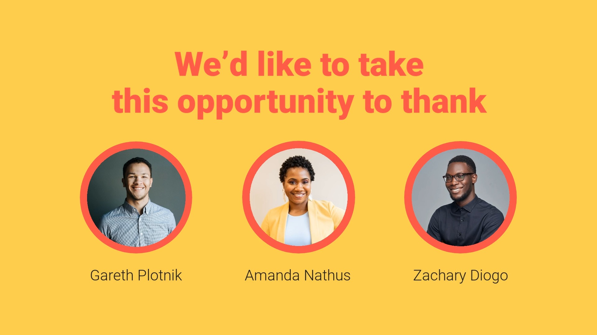 Three diverse professionals, Gareth Plotnik, Amanda Nathus, and Zachary Diego, are featured in a Biteable video with thank you text against a yellow background.