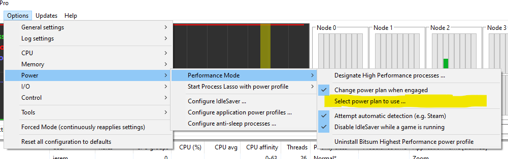 Select alternate power plan for Performance Mode