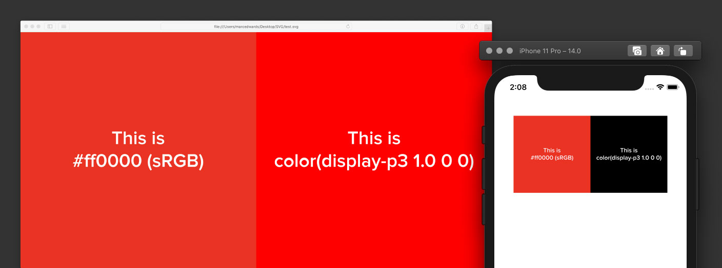 Safari showing two red panels, and the iOS Simulator showing the same SVG