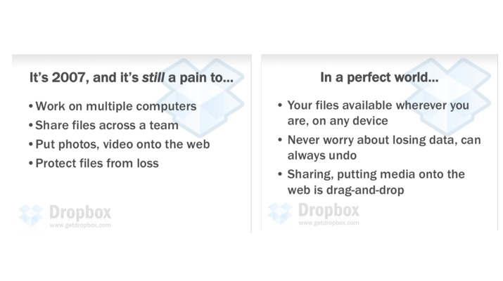 2007年、Dropboxがシード期だった頃のピッチスライドの一部。10年経った今もほとんど変わっていないことがわかる。MVP以外にも、スタートアップのお手本として参考にすべきところが多い。