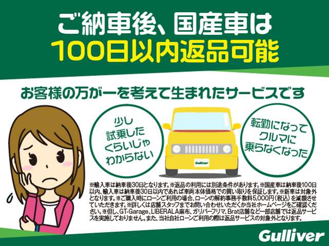 返品を余儀なくされた場合でもご納車後100日以内であれば返品可能です。※返品の利用には別途条件があります。