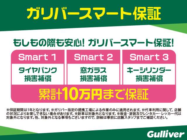 もしもの際も安心できるスマート保証も完備。タイヤパンク、窓ガラス、キーシリンダー損害に対応出来ます。