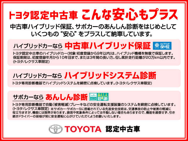 中古車ハイブリッド保証、サポカーのあんしん診断をはじめとして、いくつもの安心をプラスして納車しています！