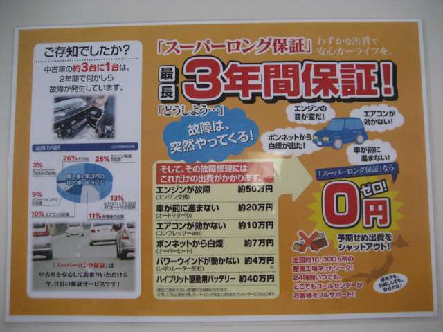 基本保証は２年間保証を支払総額の付与しております(^o^)３年間保証は追加料金にて申し受けいたします。