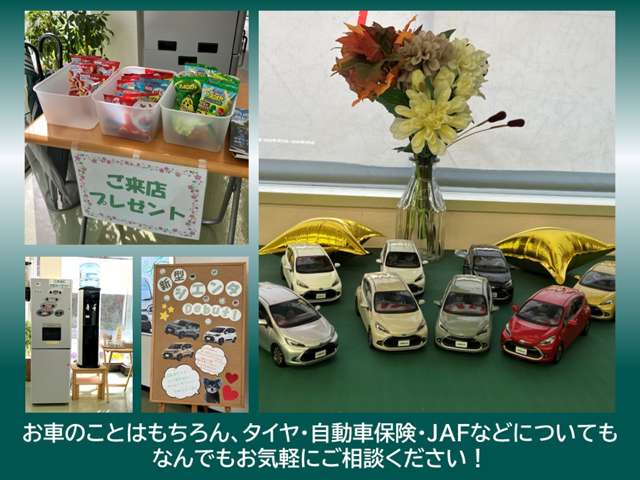 新車・中古車・整備などのお車のことはもちろん、保険やJAF・タイヤなどについてもお気軽にご相談ください。