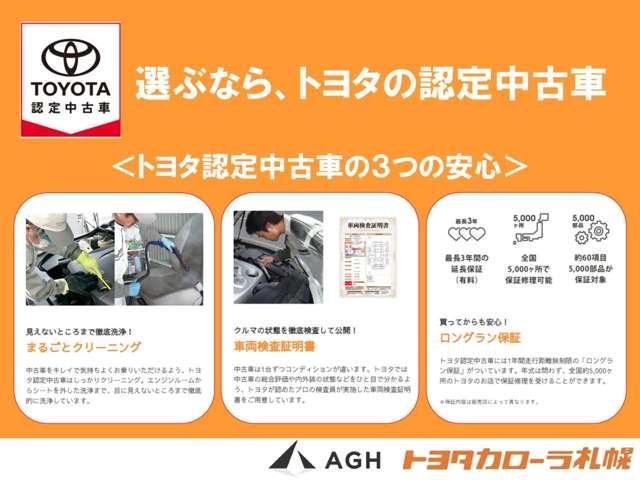 トヨタならではの『3つの安心』をセットにしたトヨタディーラー中古車ブランド。プロが隅々まで洗浄・検査・アフターフォロー。