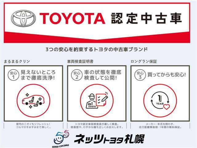 トヨタ認定中古車は、まるくり、車両検査証明書、ロングラン保証の3つの安心をセットにしたトヨタ中古車の安心ブランドです。