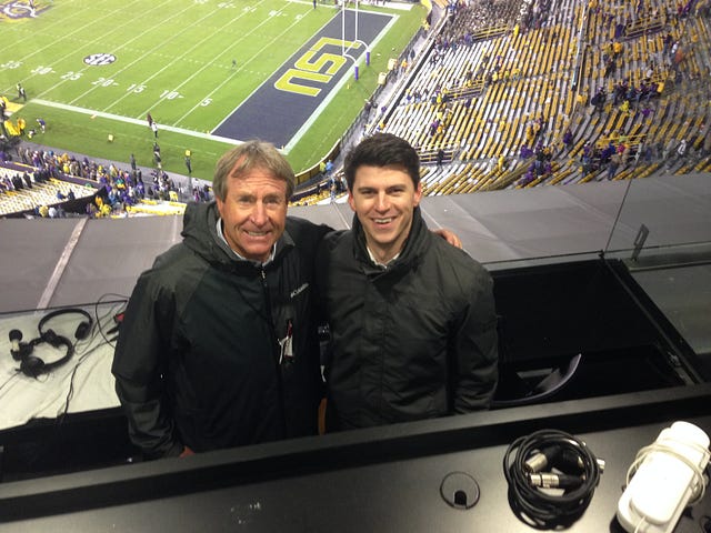 Former college football coach Gary Barnett and Aaron after calling the Texas A&M at LSU game in Baton Rouge.