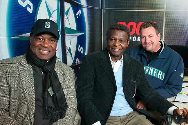 Hall of Famer Lou Brock with Mariners TV announcers Dave Sims and MIke Blowers. Brock was in Seattle to raise awareness for diabetes, and joined the telecast for an inning.