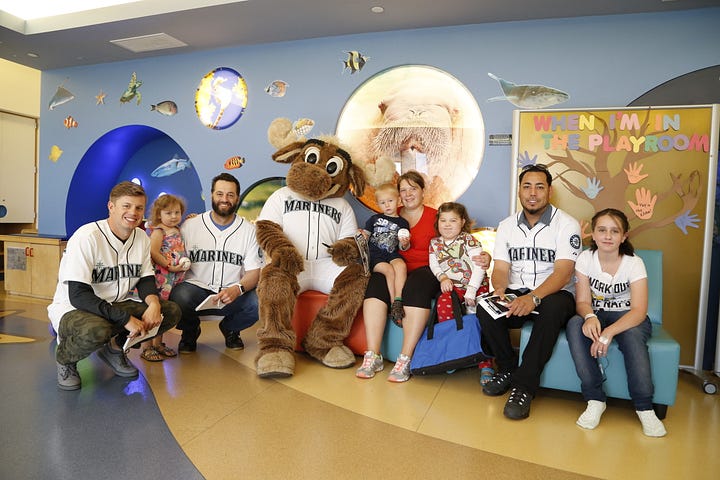 Rob Rasmussen, Joe Beimel, The Mariner Moose and Vidal Nuño visited Mary Bridge Children’s Hospital in Tacoma today.