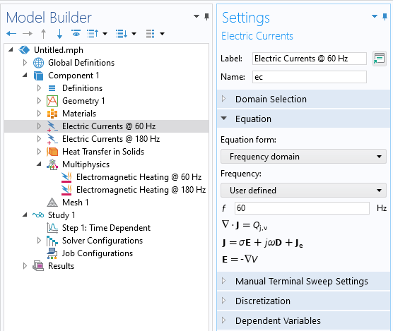 The Model Builder with Electric Currents at 60 Hz selected and the corresponding Settings window showing the Equation settings.