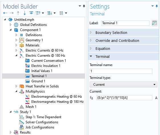 The Model Builder with the Terminal feature selected from the Electric Currents at 180 Hz branch and the corresponding Settings window.