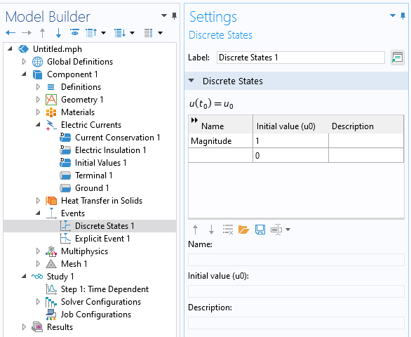 The Model Builder with the Discrete States feature selected and the corresponding Settings window showing the Discrete States table.