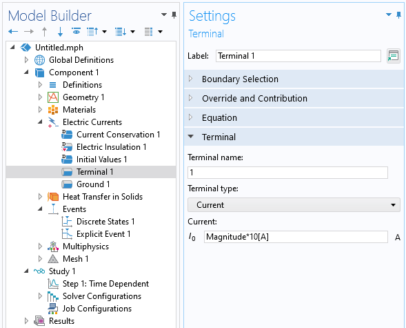 The Model Builder with the Terminal feature selected and the corresponding Settings window showing the terminal name, type, and current.