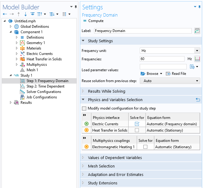 The Model Builder showing the Study 1 branch with the Frequency Domain study selected and the corresponding Settings window showing the study settings and physics and variables selections.